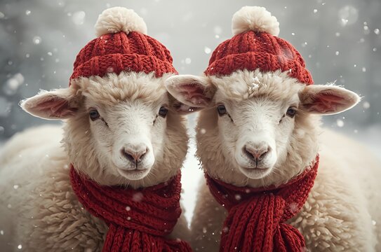 Two adorable sheep wearing red knitted hats and scarves enjoying a snowy winter day outdoors