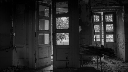 ruined street and destroyed houses the city Kiev war in Ukraine