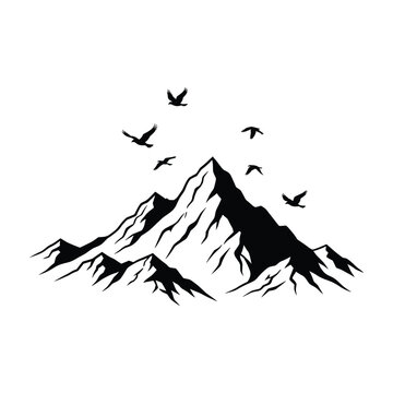 black mountain range with flying birds clip art preview