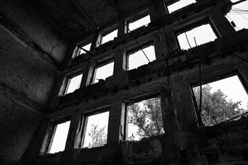 ruined street and destroyed houses the city Kiev war in Ukraine