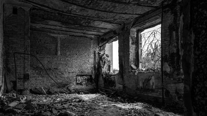 Fototapeta premium ruined street and destroyed houses the city Kiev war in Ukraine