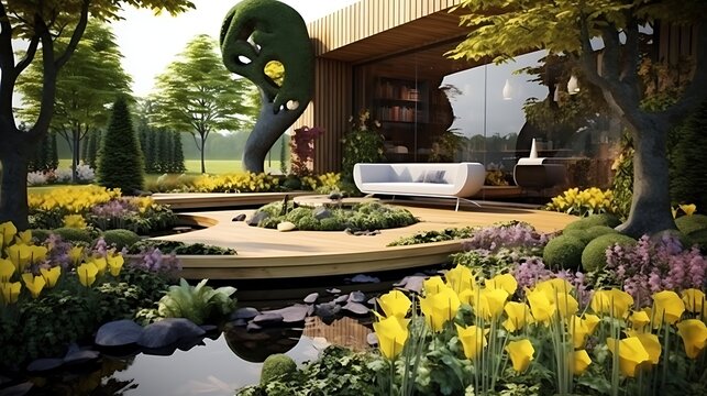 Tranquil garden sanctuary with yellow tulips and modern architecture blend harmoniously - Powered by Adobe