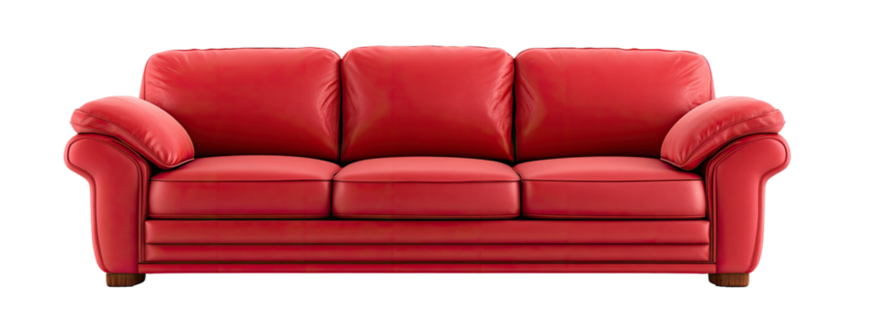 Classic three-seater red leather sofa with rolled arms and wooden legs, shown from a frontal view