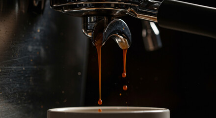 Espresso coffee dripping from machine into white cup  