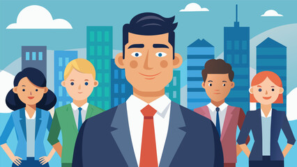 Group of professionals standing together in a cityscape during a sunny day conveying teamwork and collaboration