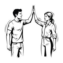 Man and woman giving high five in black and white illustration greeting success