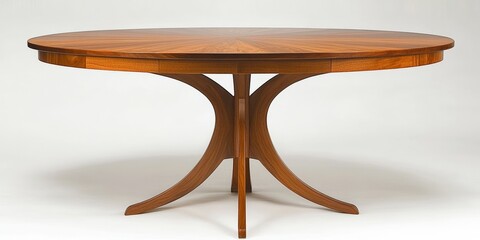 Round wood table with modern design. Elegant furniture piece with polished surface. Perfect for dining decor in interior. Adds sophistication to any home setting.