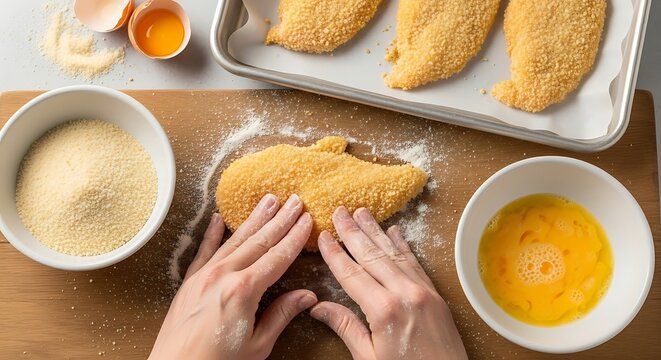 Preparing chicken parm with breaded chicken cutlet and cheese melt