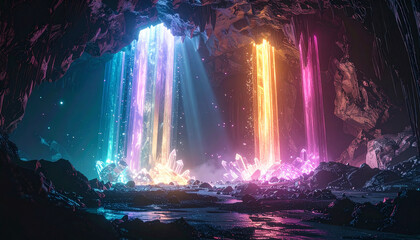 Fantasy cave with glowing crystal waterfalls and colorful light beams