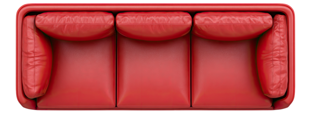 Overhead view of a three-seater red leather sofa with cushioned arms and backrests