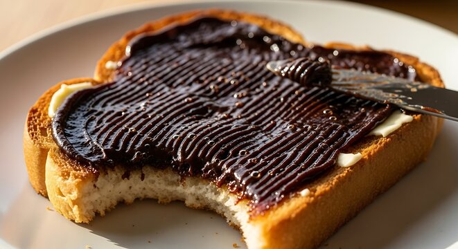 Preparing toast with butter Marmite and fresh bread slices