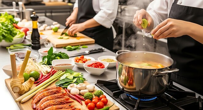Preparing Tom Yum Goong with hot spicy broth and mushrooms