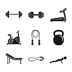 Black silhouette icons of gym equipment and exercise fitness workout
