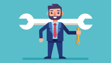 Businessman holding a wrench and smiling with a large wrench graphic in the background at a workplace setting