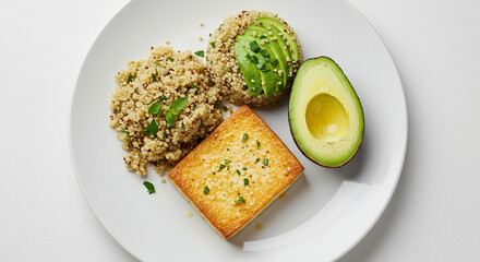 Quinoa salad with avocado and baked tofu on a white plate  