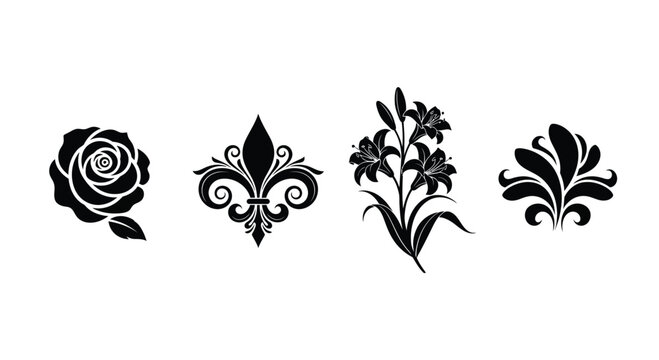 Collection of four distinctive floral and heraldic silhouettes