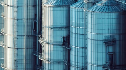 Close-up of industrial silos with cylindrical shapes and metal structures, in a cool tone