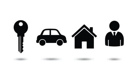 Iconic symbols of home car key and person silhouette