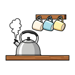 Silver kettle steaming on wooden shelf with three hanging mugs water boiling