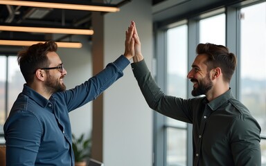 Two diverse happy professional young men teammates giving high five celebrating business triumph, corporate startup project success, good team partnership teamwork result together at work in office.