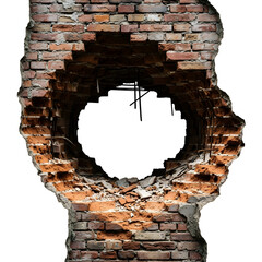 A circular hole blasted through a crumbling red brick wall, symbolizing a powerful breakthrough, opportunity, or escape, isolated on a white background