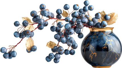 Dark berries in golden vase, isolated on transparent background