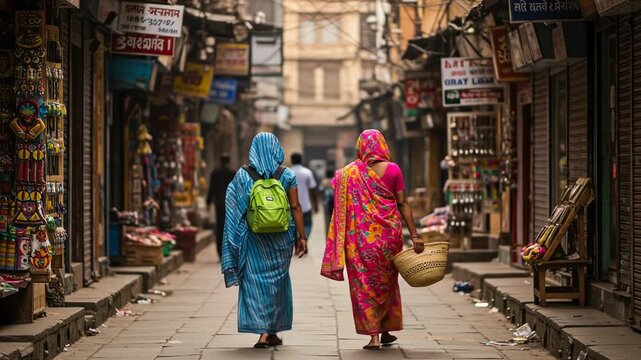 Two women in colorful traditional clothing walking down a busy street