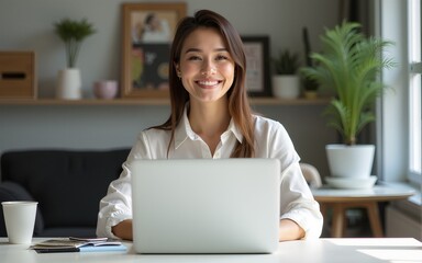 Young smiling pretty business woman student sitting at table at home office with laptop computer looking at camera advertising elearning online course, remote work, business webinar. Portrait.