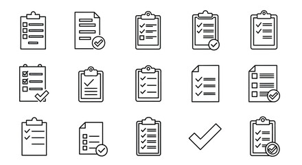 Collection of clipboard checklist and tick mark icons silhouette