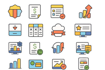 Business and finance icon set. analytics, charts, flat style visuals collection