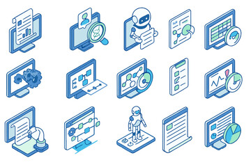 Fototapeta premium Technology automation 3d icon set. futuristic, robot, data, computer graphics