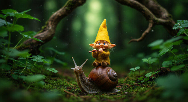 Gnome playing flute while sitting on giant snail in forest  