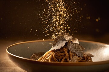 Exquisite Truffle Pasta Dish with Falling Powder