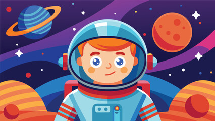 Child astronaut exploring the colorful universe with planets and stars in the background
