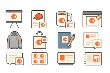 Promotional, branding flat icon set. merchandise, marketing essentials icons collection