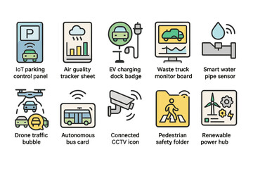 Fototapeta premium Smart city technology flat icon set. iot, ev, renewable energy, cctv icons collection