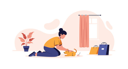 Fototapeta premium Woman playing with cat at home with shopping bags and plant.