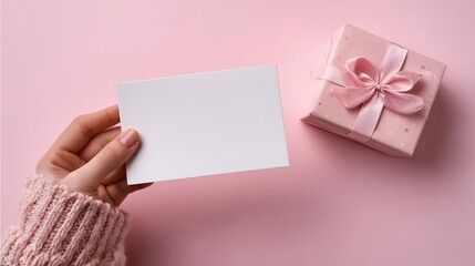 Obraz premium A hand holds a blank card next to a small pink gift box with a ribbon. The background is a soft pink color, creating a festive atmosphere.
