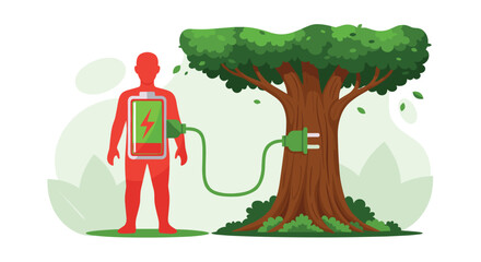Human Body Charging Energy From Nature Tree.