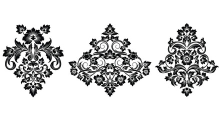 Three ornate damask floral design elements silhouette