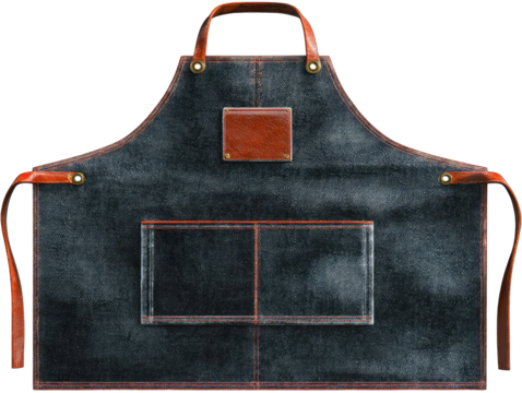 Dark denim apron with brown leather accents