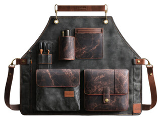 Grey apron with brown leather accents and compartments