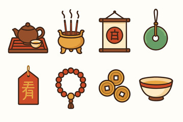 Chinese culture flat icon set. tradition, symbols, and heritage icons collection.