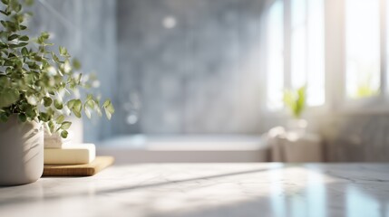 A bright bathroom scene with a marble countertop, a potted green plant, and a wooden tray with soap. Sunlight streams through large windows.