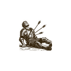 Fototapeta premium engraving style illustration of a fallen medieval knight in armor, pierced by arrows, lying on the ground vector template