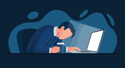 Man working late on laptop computer in dark office with coffee cup.