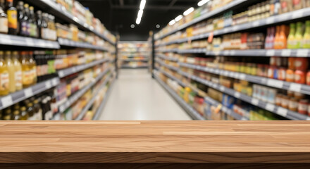 Wooden table top with blurred grocery shelves in a supermarket, suitable for product display or montage.