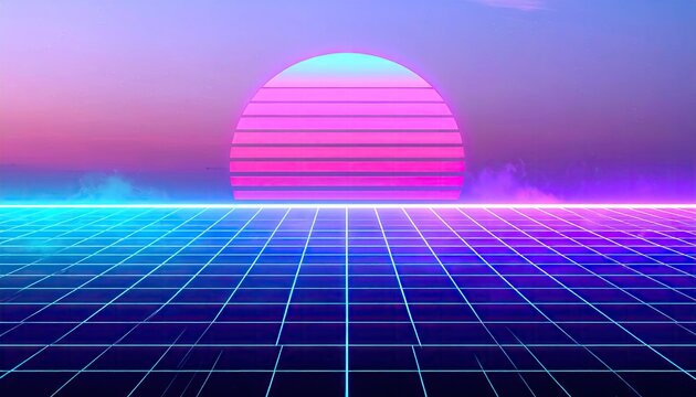 Retro Vaporwave Sunset Over Gridded Landscape