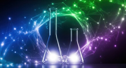 Two laboratory flasks with glowing liquid against a background of abstract connections