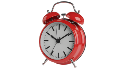 Classic red alarm clock ticking away, symbolizing deadlines, punctuality, and waking up on time